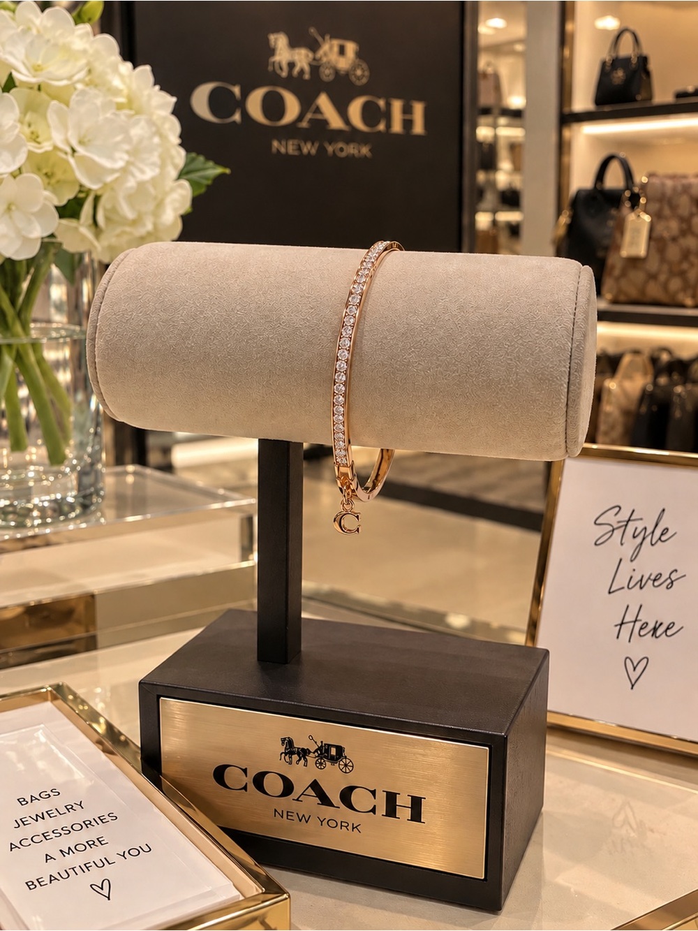 Coach Rose Gold Crystal Pavé Hinged Bangle with 'C' Charm